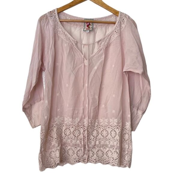 Johnny Was Pink Tunic Semi Sheer Rayon Floral Embroidered Eyelet Tie Front Small - Picture 1 of 7